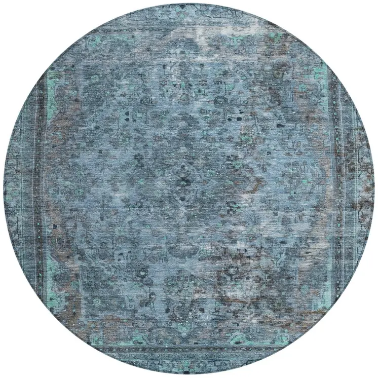 8' Blue And Gray Round Medallion Washable Indoor Outdoor Area Rug