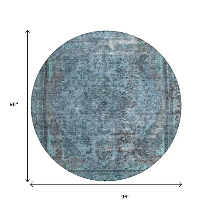 8' Blue And Gray Round Medallion Washable Indoor Outdoor Area Rug