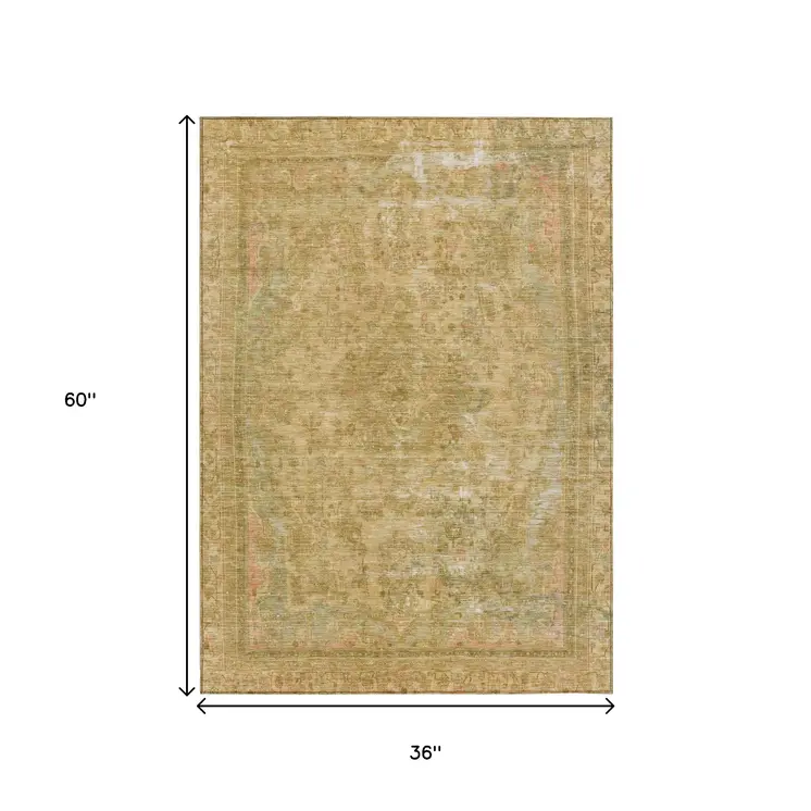 3' X 5' Coral And Wheat Medallion Washable Indoor Outdoor Area Rug