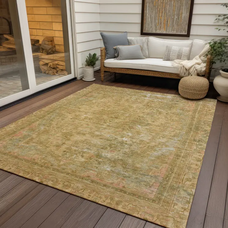 3' X 5' Coral And Wheat Medallion Washable Indoor Outdoor Area Rug