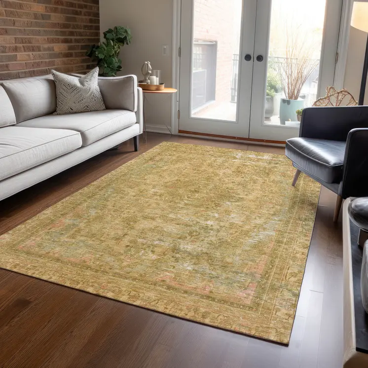 3' X 5' Coral And Wheat Medallion Washable Indoor Outdoor Area Rug