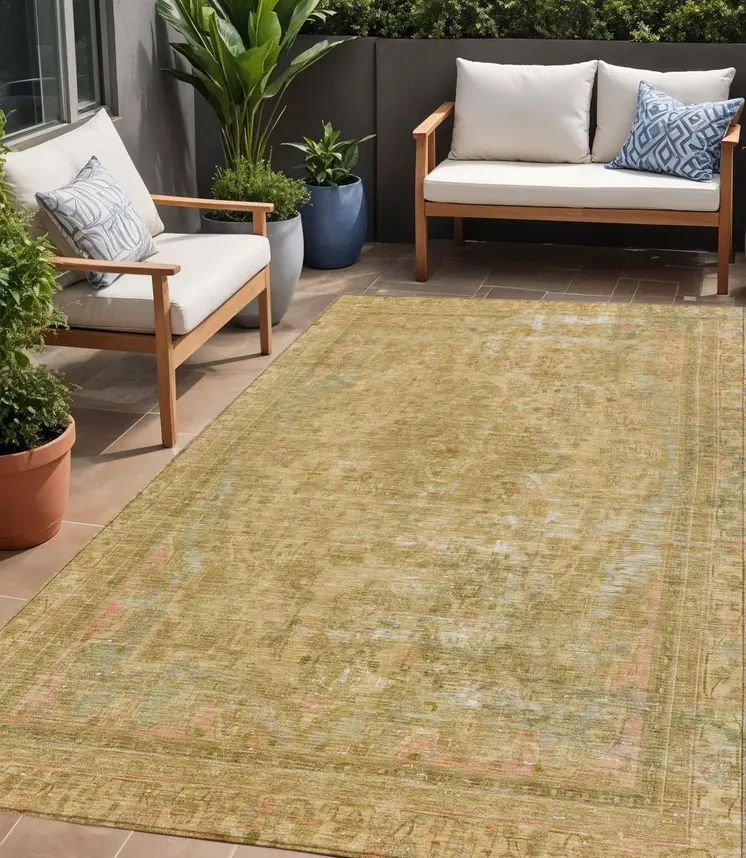 5' X 8' Coral And Wheat Medallion Washable Indoor Outdoor Area Rug