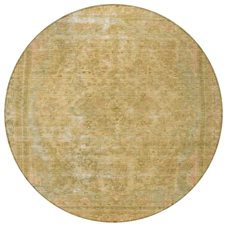 8' Coral And Wheat Round Medallion Washable Indoor Outdoor Area Rug