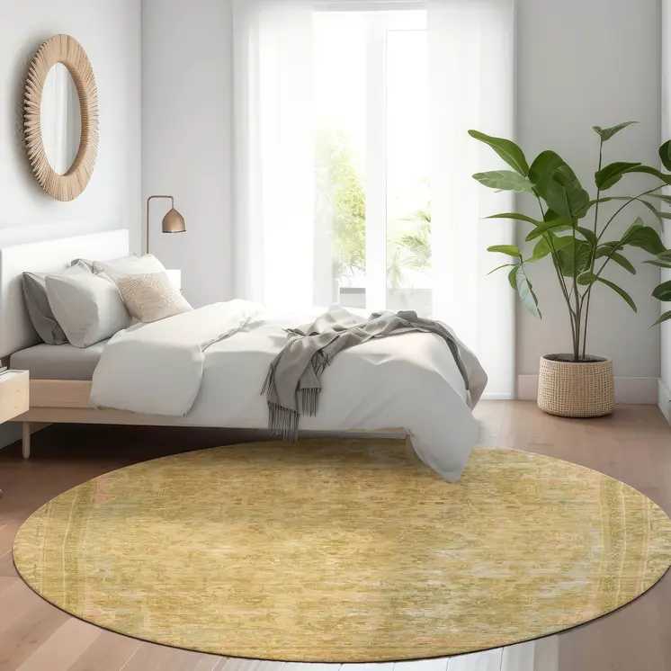 8' Coral And Wheat Round Medallion Washable Indoor Outdoor Area Rug