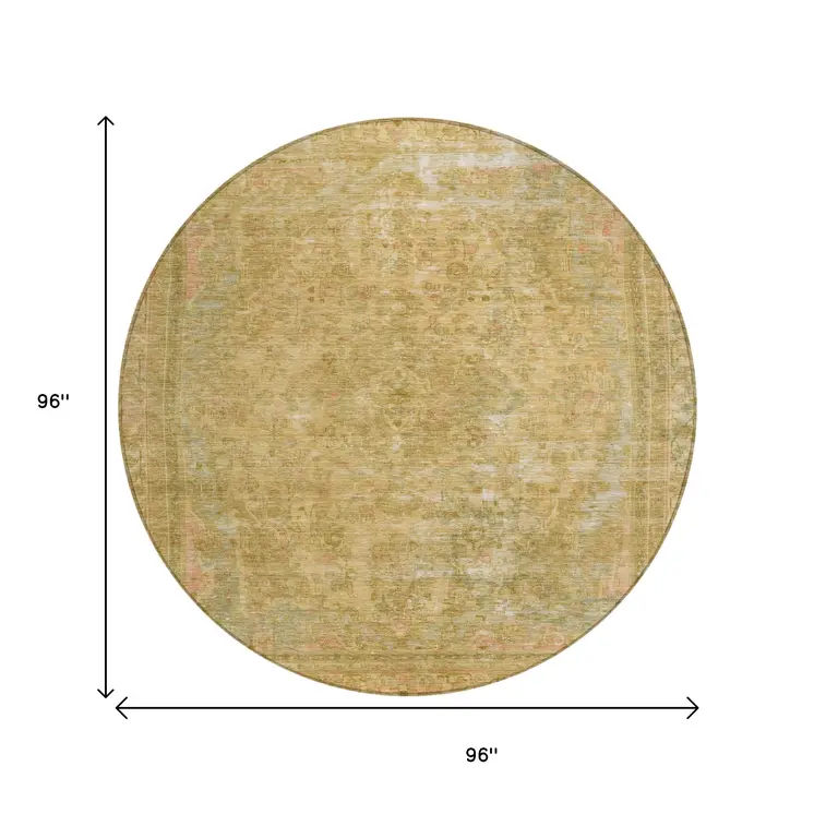 8' Coral And Wheat Round Medallion Washable Indoor Outdoor Area Rug