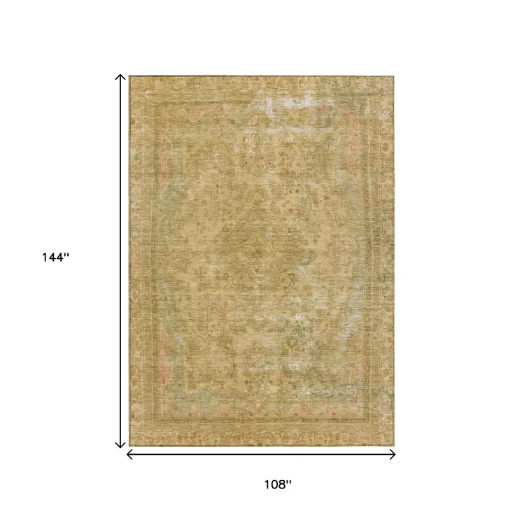 9' X 12' Coral And Wheat Medallion Washable Indoor Outdoor Area Rug