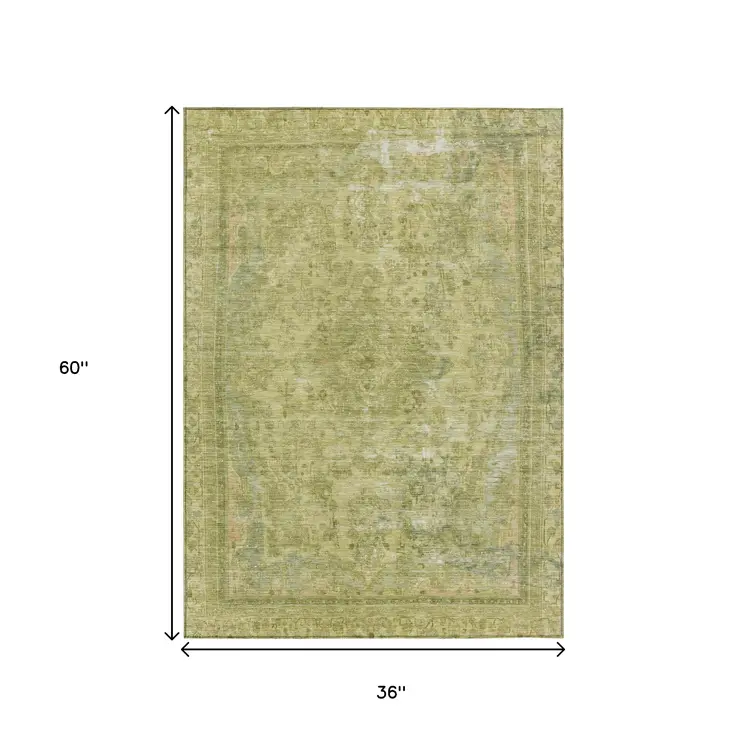 3' X 5' Fern Green And Sage Medallion Washable Indoor Outdoor Area Rug