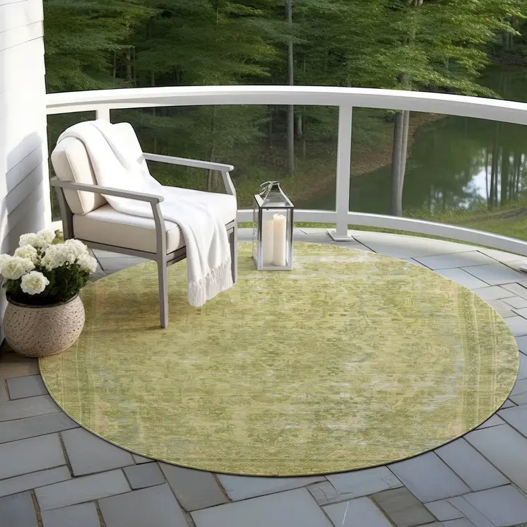 8' Fern Green And Sage Round Medallion Washable Indoor Outdoor Area Rug
