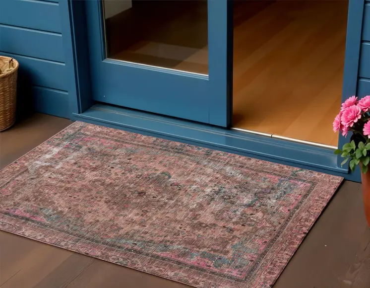 3' X 5' Pink And Mauve Medallion Washable Indoor Outdoor Area Rug