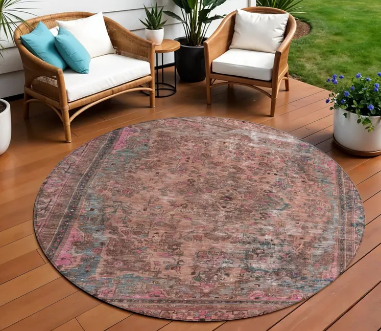 8' Pink And Mauve Round Medallion Washable Indoor Outdoor Area Rug