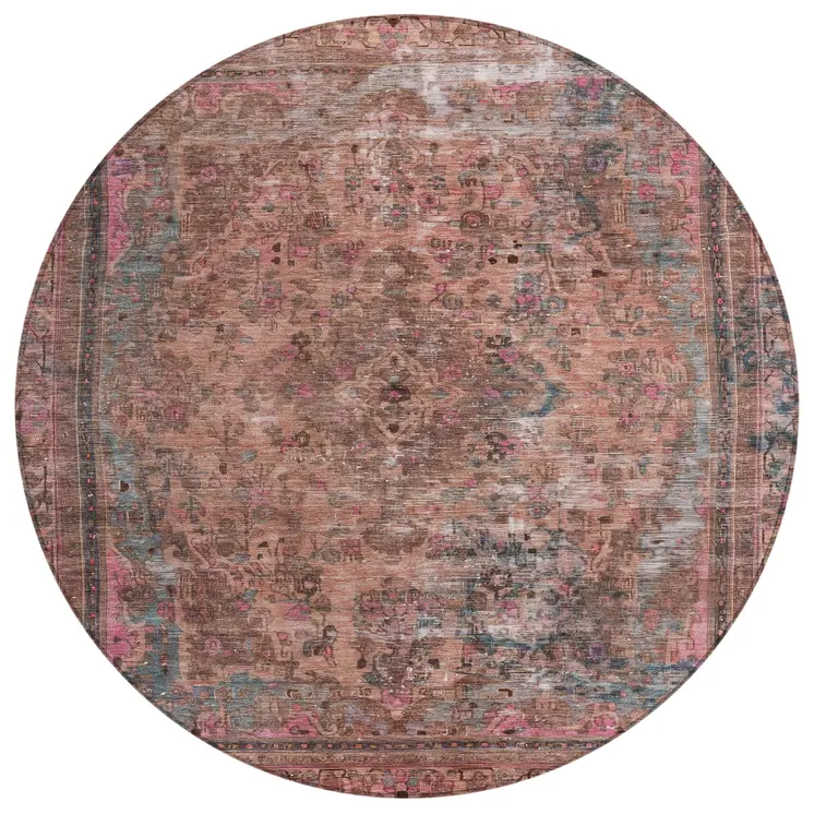 8' Pink And Mauve Round Medallion Washable Indoor Outdoor Area Rug