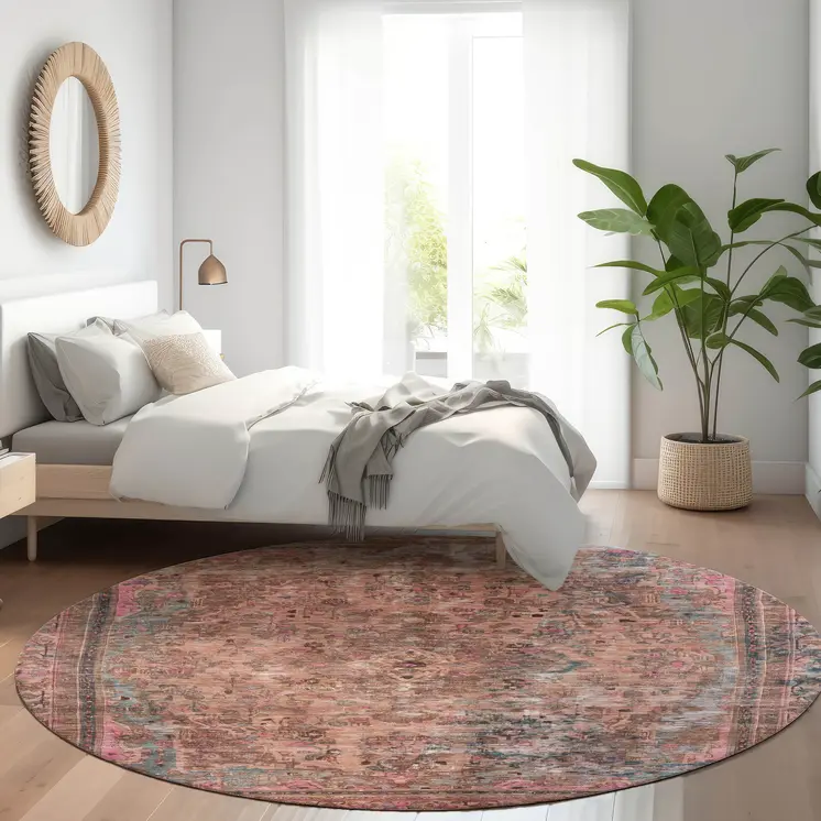 8' Pink And Mauve Round Medallion Washable Indoor Outdoor Area Rug