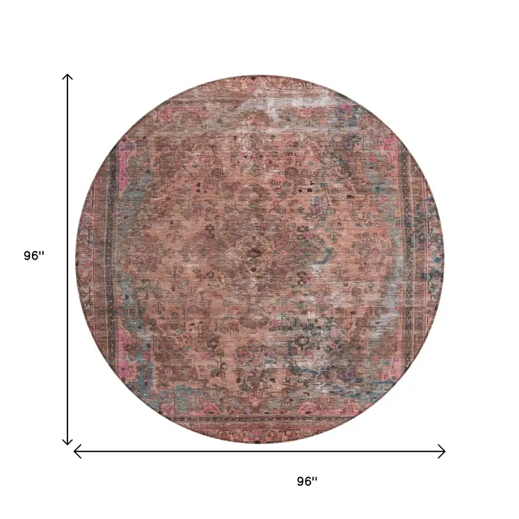 8' Pink And Mauve Round Medallion Washable Indoor Outdoor Area Rug