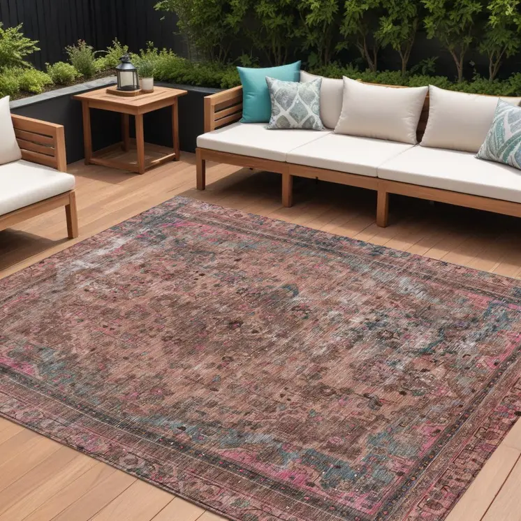 9' X 12' Pink And Mauve Medallion Washable Indoor Outdoor Area Rug