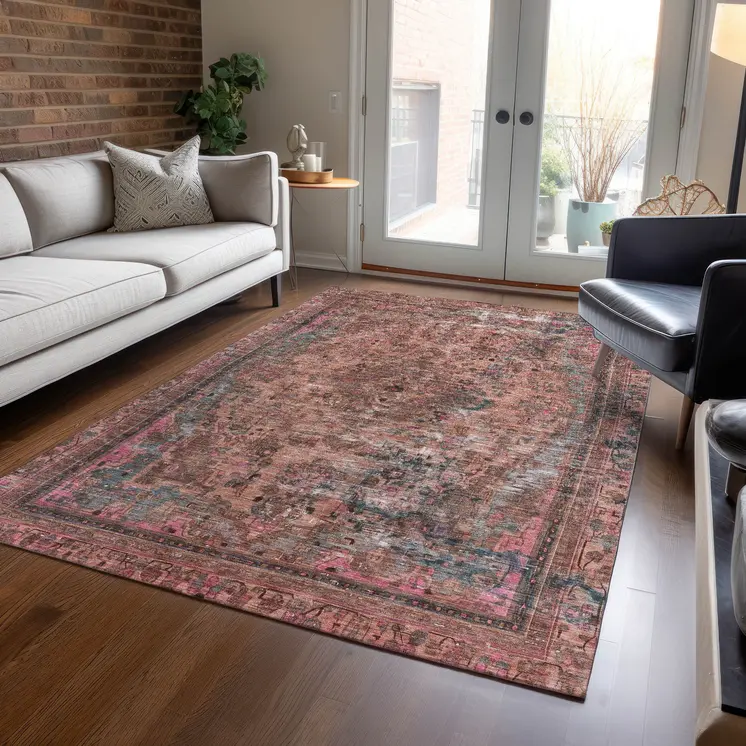 9' X 12' Pink And Mauve Medallion Washable Indoor Outdoor Area Rug