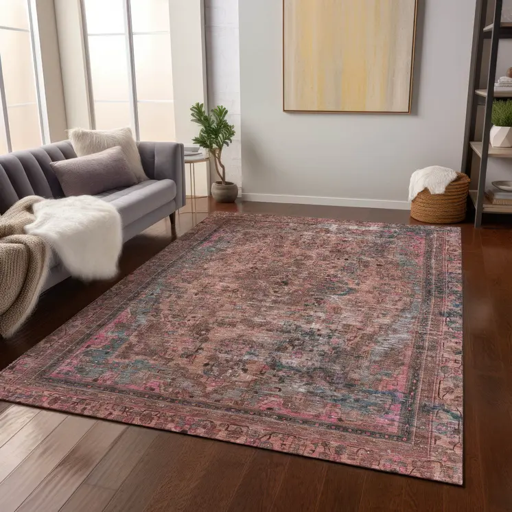 9' X 12' Pink And Mauve Medallion Washable Indoor Outdoor Area Rug