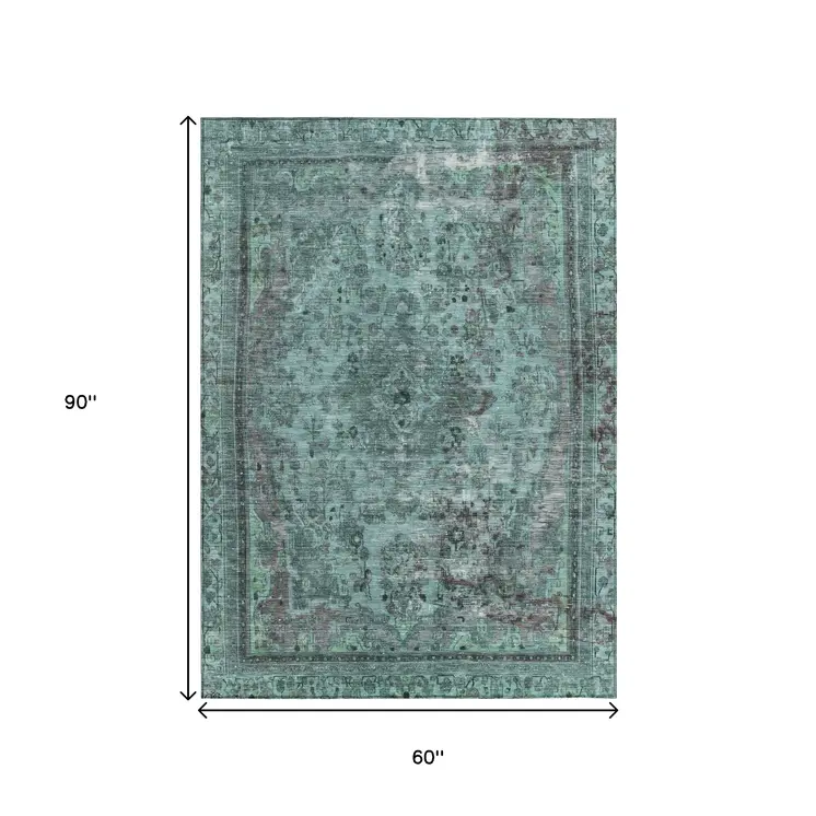 5' X 8' Teal Blue And Turquoise Medallion Washable Indoor Outdoor Area Rug