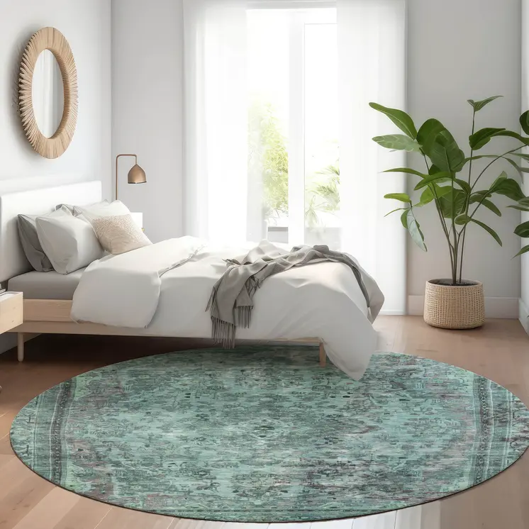 8' Teal Blue And Turquoise Round Medallion Washable Indoor Outdoor Area Rug