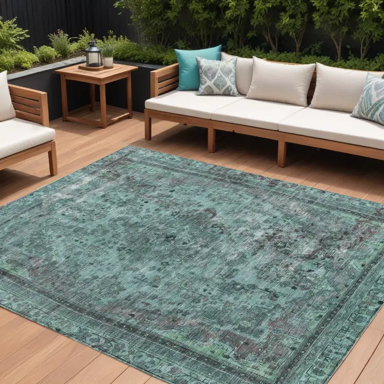 10' X 14' Teal Blue And Turquoise Medallion Washable Indoor Outdoor Area Rug