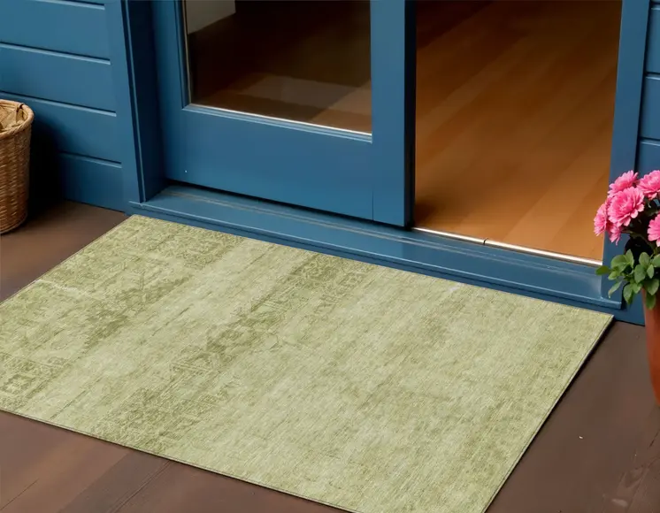 3' X 5' Artichoke Green And Ivory Medallion Washable Indoor Outdoor Area Rug