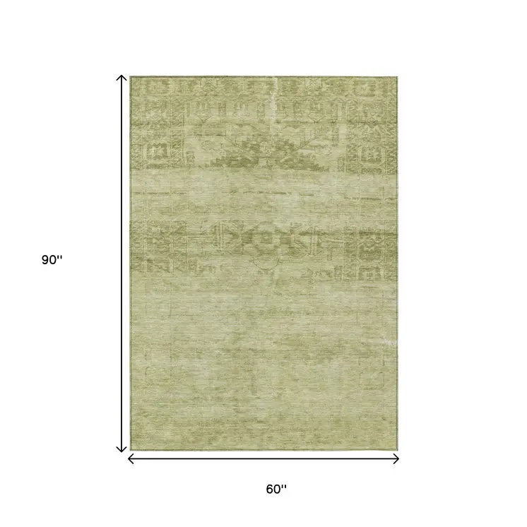 5' X 8' Artichoke Green And Ivory Medallion Washable Indoor Outdoor Area Rug