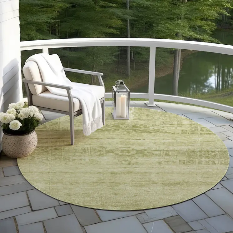 8' Artichoke Green And Ivory Round Medallion Washable Indoor Outdoor Area Rug