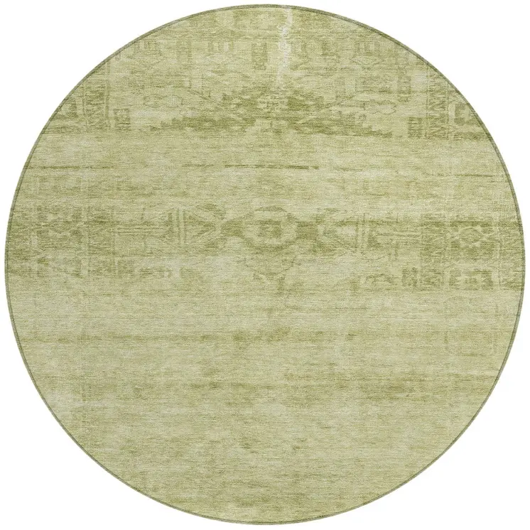8' Artichoke Green And Ivory Round Medallion Washable Indoor Outdoor Area Rug