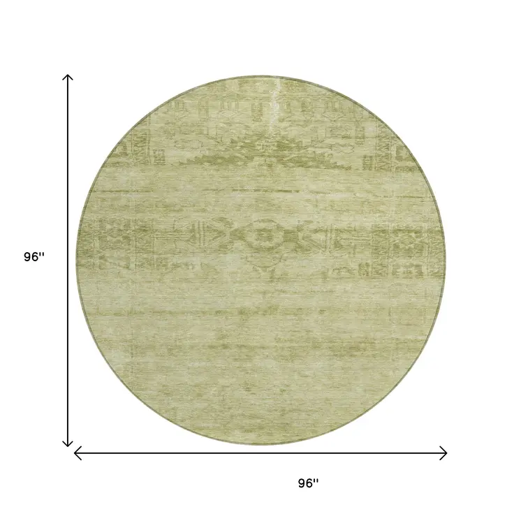 8' Artichoke Green And Ivory Round Medallion Washable Indoor Outdoor Area Rug