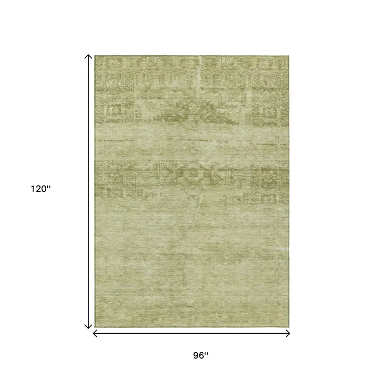 8' X 10' Artichoke Green And Ivory Medallion Washable Indoor Outdoor Area Rug