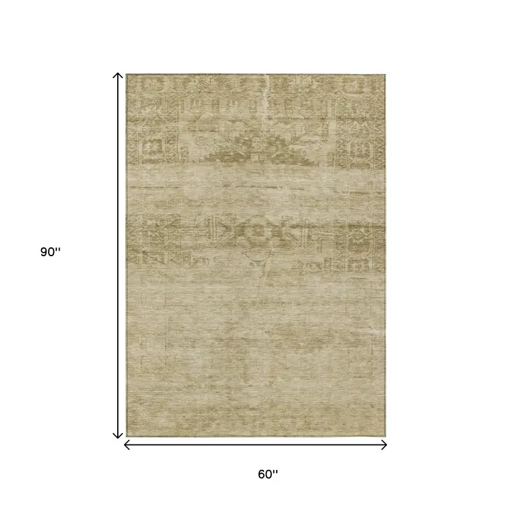 5' X 8' Beige And Linen Medallion Washable Indoor Outdoor Area Rug