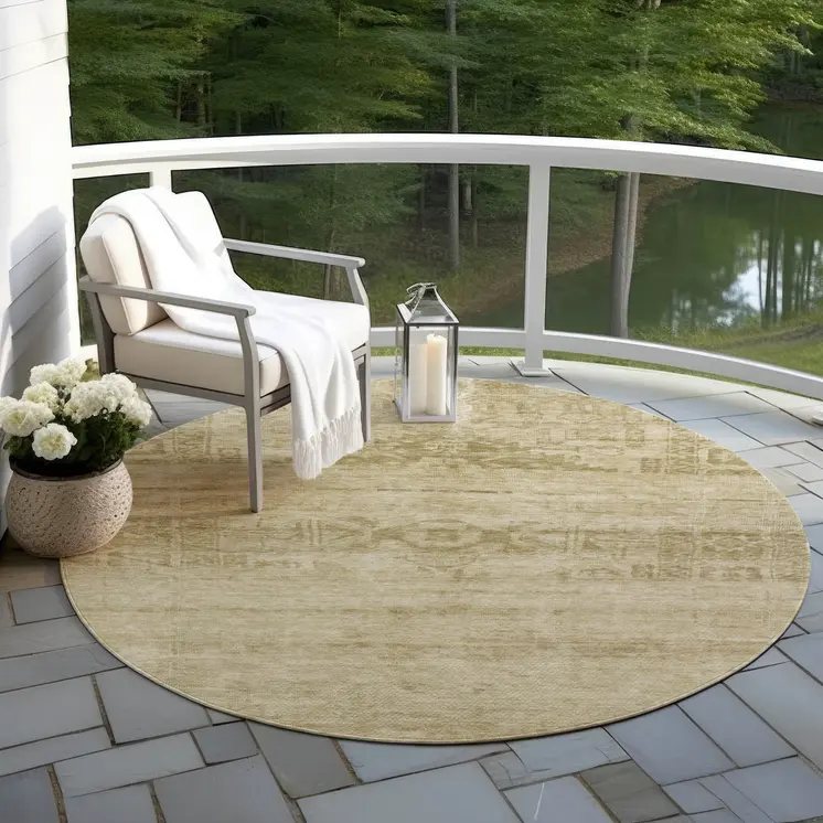 8' Beige And Linen Round Medallion Washable Indoor Outdoor Area Rug