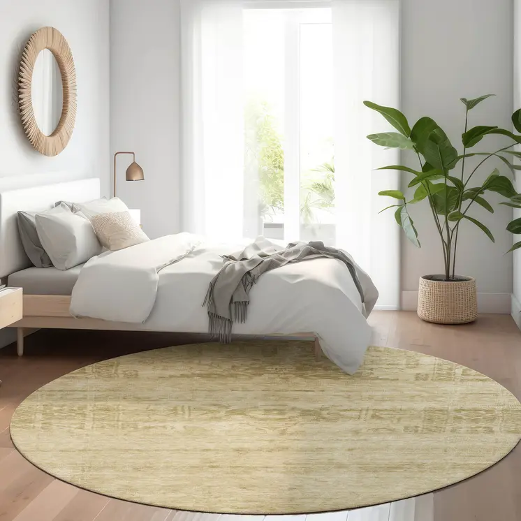 8' Beige And Linen Round Medallion Washable Indoor Outdoor Area Rug
