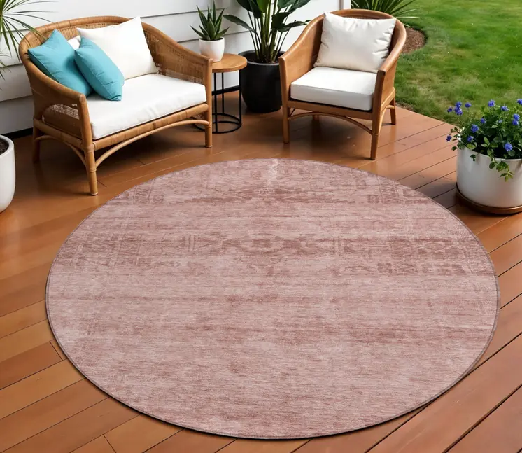 8' Blush And Mauve Round Medallion Washable Indoor Outdoor Area Rug