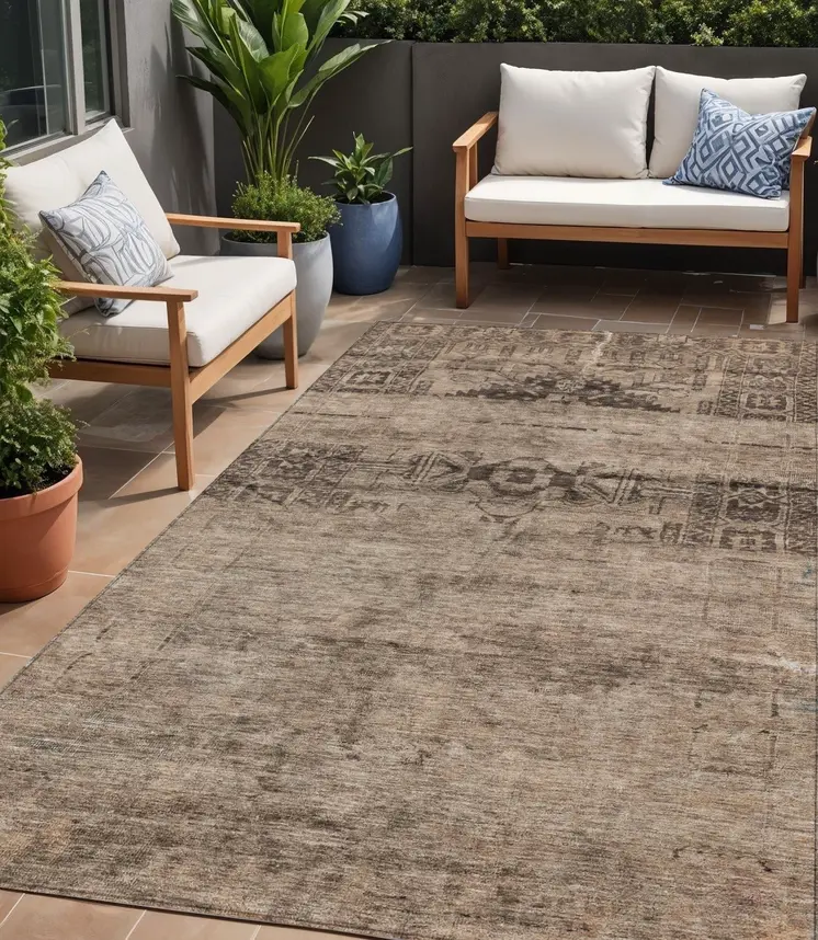 5' X 8' Brown And Taupe Medallion Washable Indoor Outdoor Area Rug