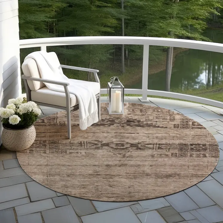 8' Brown And Taupe Round Medallion Washable Indoor Outdoor Area Rug