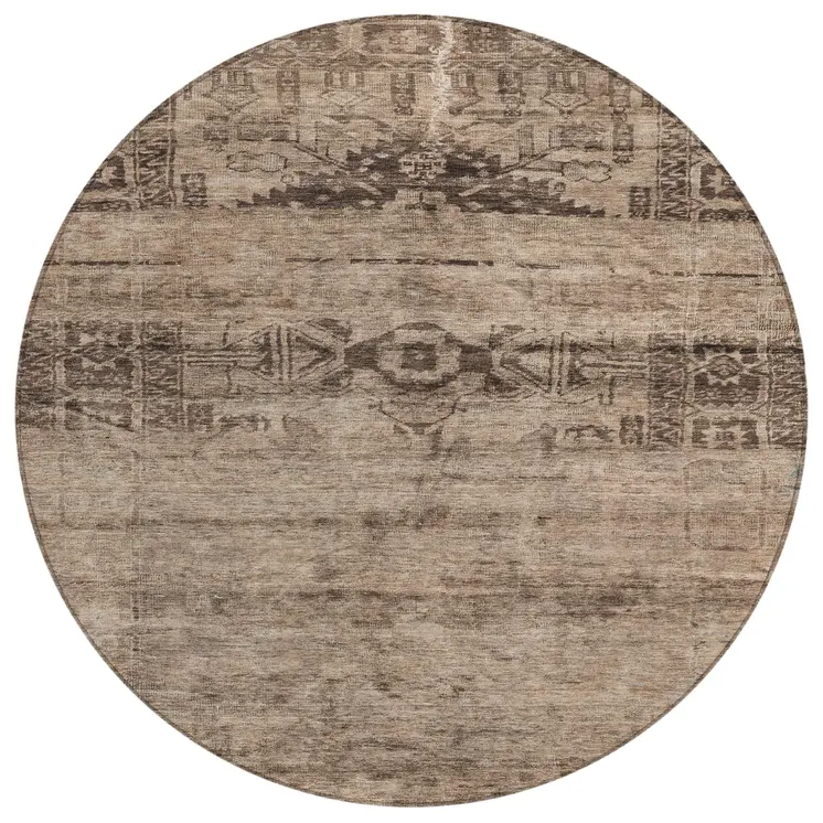 8' Brown And Taupe Round Medallion Washable Indoor Outdoor Area Rug