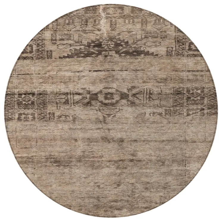 8' Brown And Taupe Round Medallion Washable Indoor Outdoor Area Rug