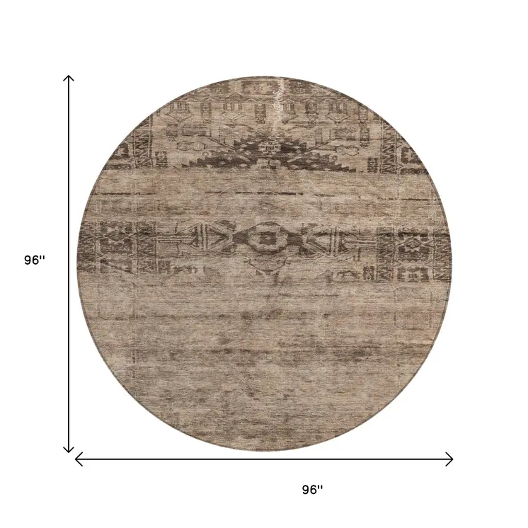 8' Brown And Taupe Round Medallion Washable Indoor Outdoor Area Rug