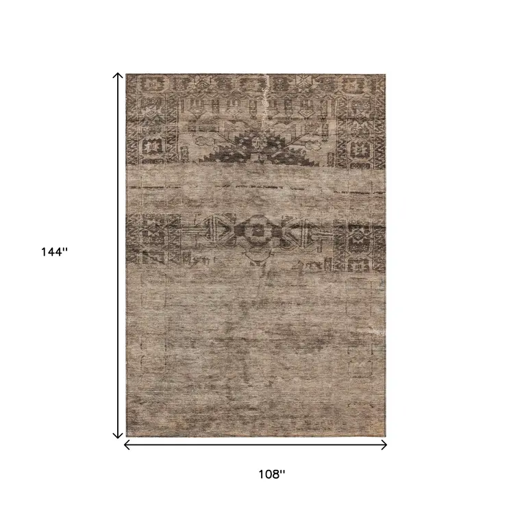 9' X 12' Brown And Taupe Medallion Washable Indoor Outdoor Area Rug