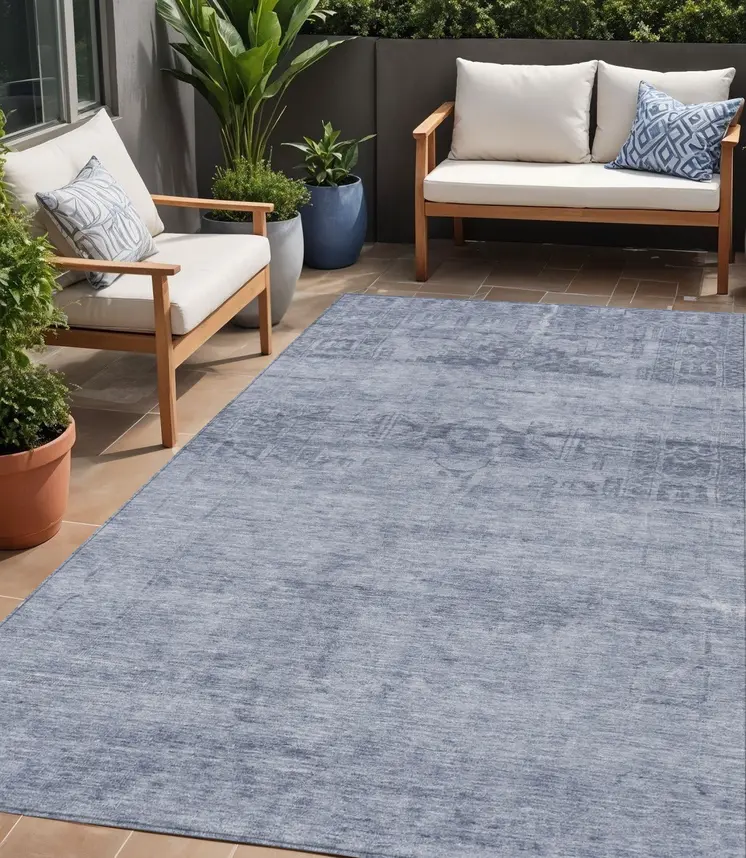 5' X 8' Denim Blue And Navy Blue Medallion Washable Indoor Outdoor Area Rug