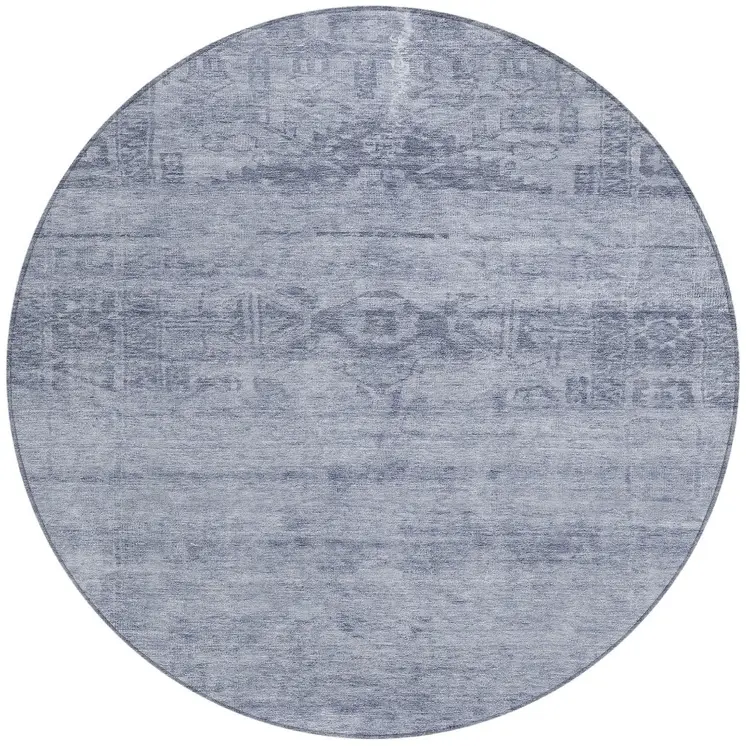 8' Denim Blue And Navy Blue Round Medallion Washable Indoor Outdoor Area Rug