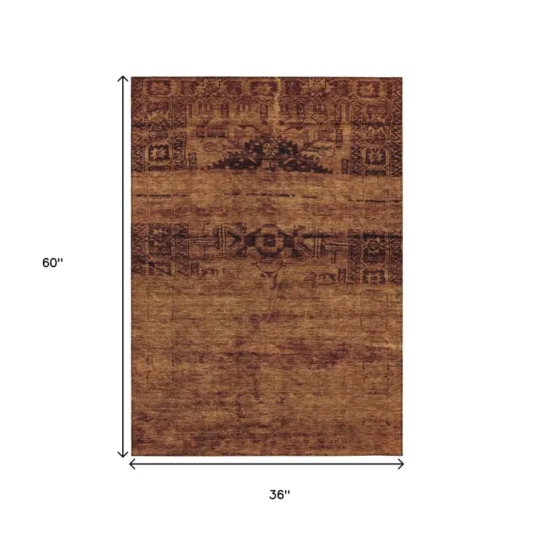 3' X 5' Rust And Brown Medallion Washable Indoor Outdoor Area Rug