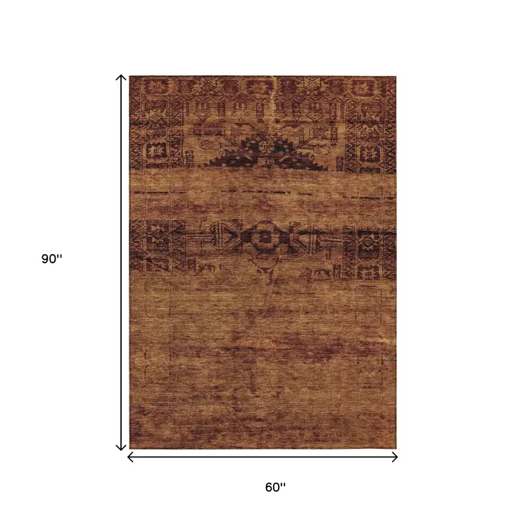 5' X 8' Rust And Brown Medallion Washable Indoor Outdoor Area Rug