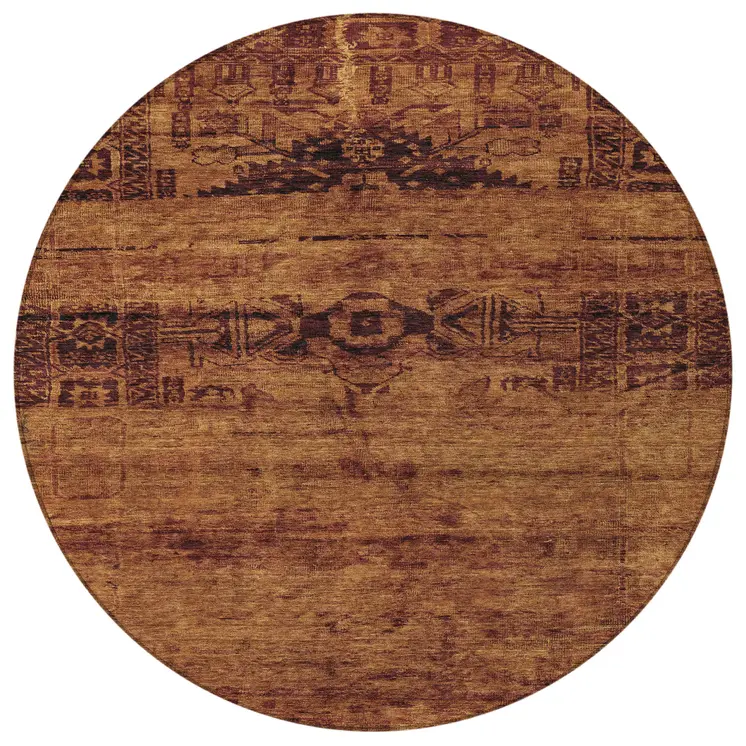 8' Rust And Brown Round Medallion Washable Indoor Outdoor Area Rug