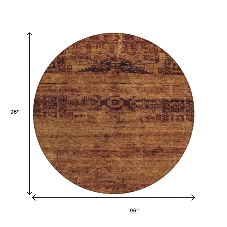 8' Rust And Brown Round Medallion Washable Indoor Outdoor Area Rug