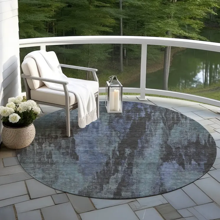 8' Blue And Gray Round Abstract Washable Indoor Outdoor Area Rug