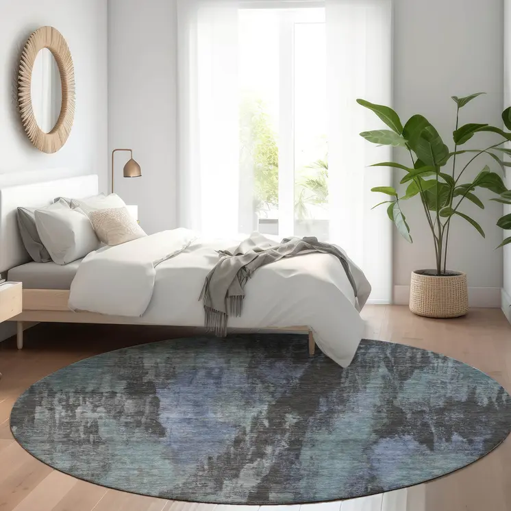 8' Blue And Gray Round Abstract Washable Indoor Outdoor Area Rug