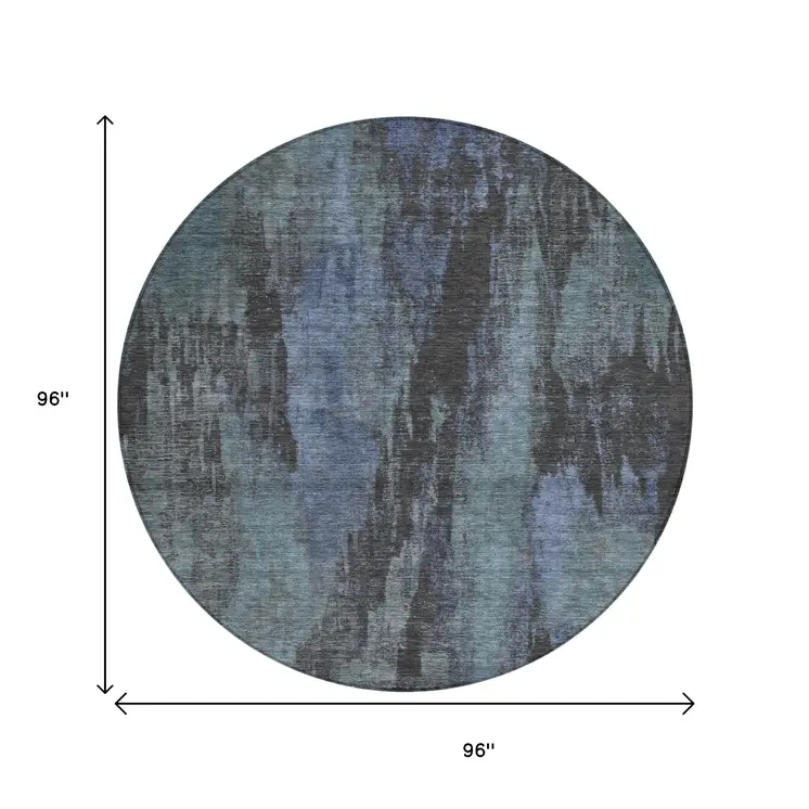 8' Blue And Gray Round Abstract Washable Indoor Outdoor Area Rug