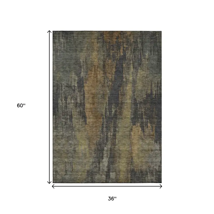 3' X 5' Charcoal And Gold Abstract Washable Indoor Outdoor Area Rug