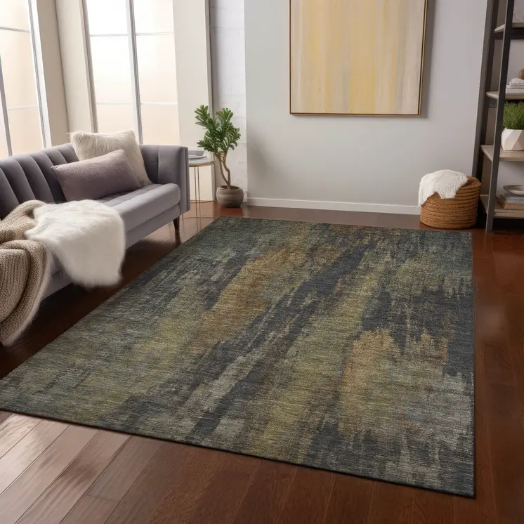 3' X 5' Charcoal And Gold Abstract Washable Indoor Outdoor Area Rug